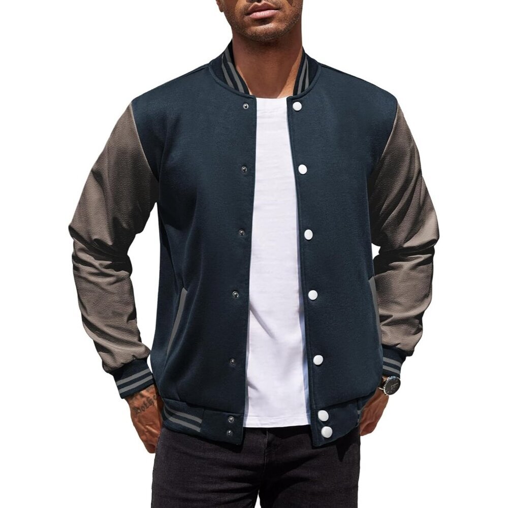 Men's Varsity Jacket Slim Fit Cotton Letterman Baseball Bomber Jackets Navy Grey